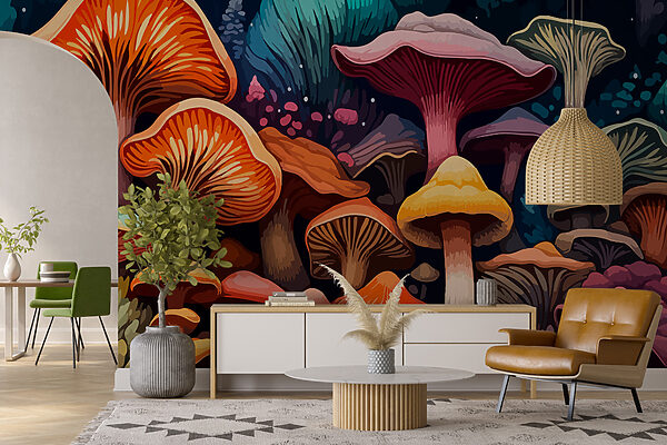 Group of mushrooms in a forest Wall murals Group of mushrooms in a forest