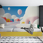 Wall murals Landscape with balloons and buildings