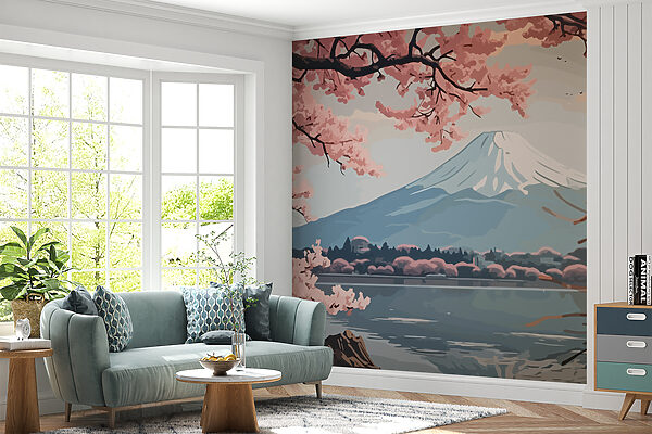 Mountain with pink flowers Wall murals Mountain with pink flowers