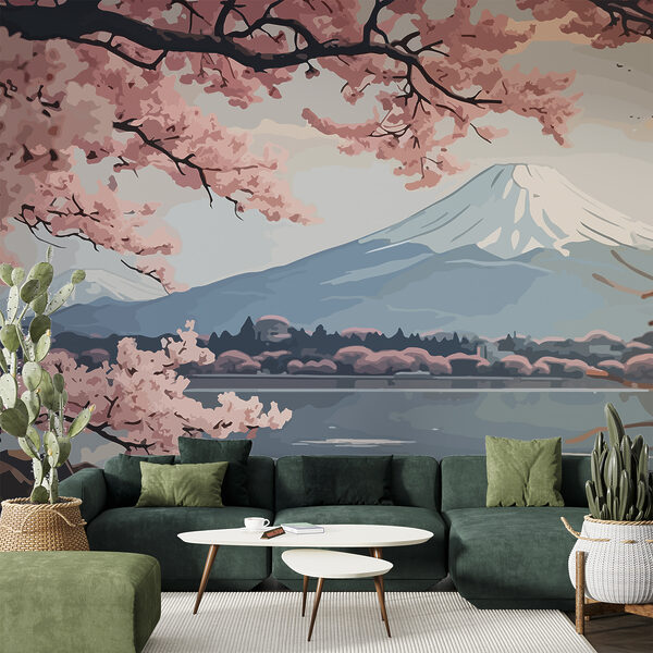 Wall mural Mountain with pink flowers
