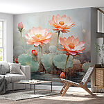 Wall murals Group of pink flowers with green leaves