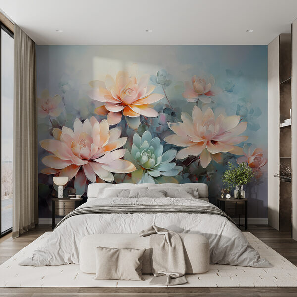 Group of flowers on a blue background Wall murals Group of flowers on a blue background