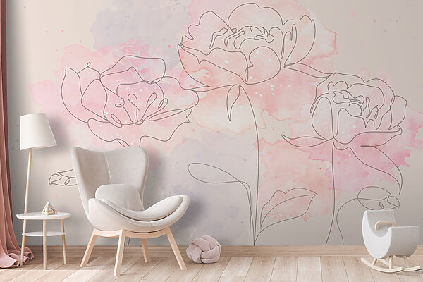 Drawing of flowers on a pink background Wall murals Drawing of flowers on a pink background