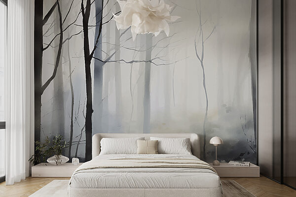 Foggy forest with trees Wall murals Foggy forest with trees