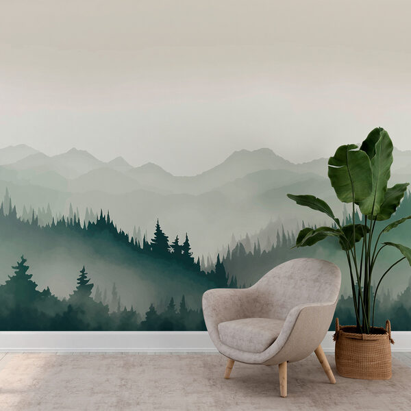 Foggy mountain landscape with trees and mountains Wall murals Foggy mountain landscape with trees and mountains