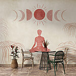Wall murals Person sitting in a lotus position with a sun and palm trees