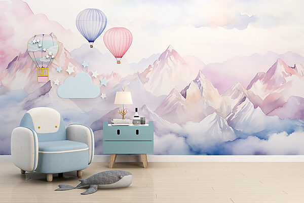 Group of hot air balloons in the sky over mountains Wall murals Group of hot air balloons in the sky over mountains