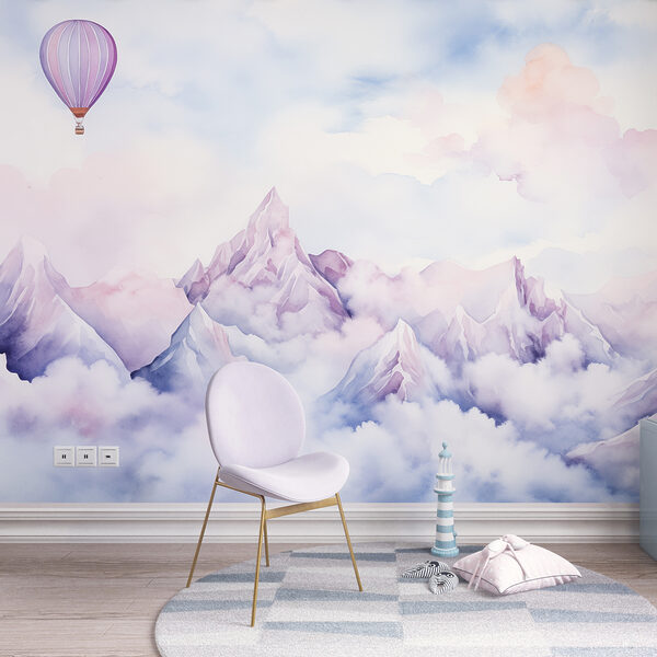 Painting of a mountain range with a balloon in the sky Wall murals Painting of a mountain range with a balloon in the sky