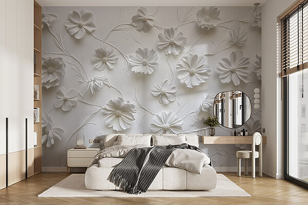 White paper flowers on a white surface Wall murals White paper flowers on a white surface