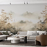 Wall murals Painting of a landscape with plants and fog