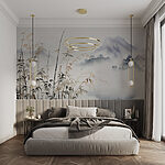 Wall murals Painting of a landscape with a lake and mountains