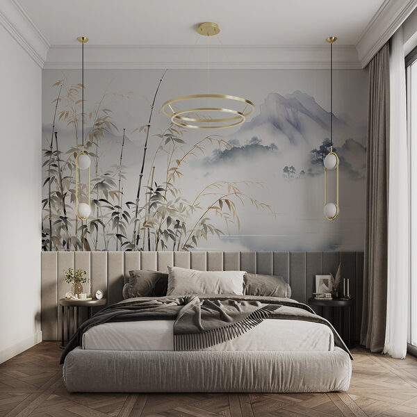Painting of a landscape with a lake and mountains Wall murals Painting of a landscape with a lake and mountains