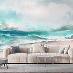 Wall murals Watercolor of a beach with waves and clouds