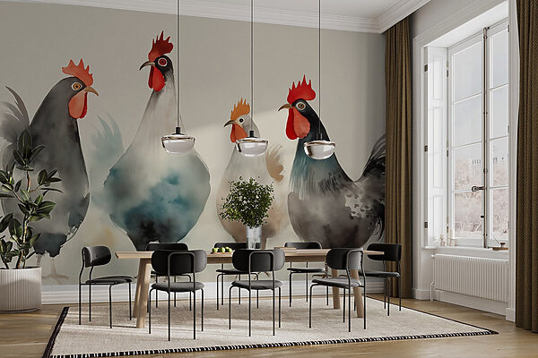 Group of chickens with red and white feathers Wall murals Group of chickens with red and white feathers