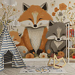 Wall murals Fox and baby fox sitting in flowers