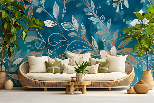 Serene floral design on blue backdrop Wall murals Serene floral design on blue backdrop