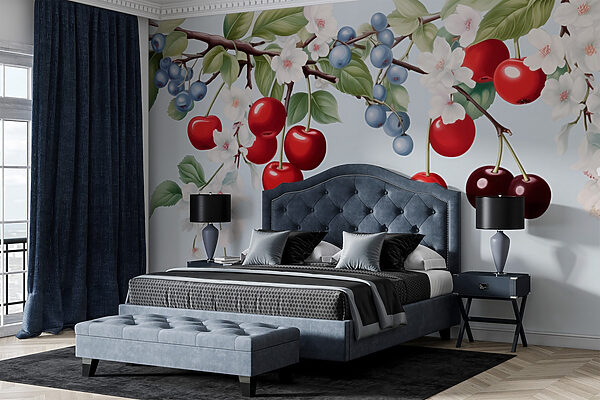 Cherry and blueberry on a branch Wall murals Cherry and blueberry on a branch