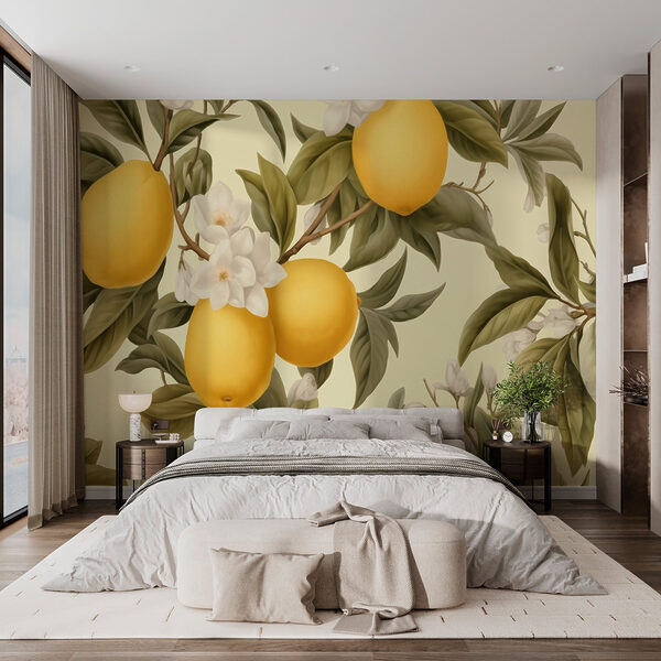 Wallpaper with lemons and flowers Wall murals Wallpaper with lemons and flowers
