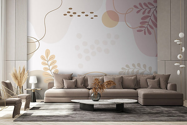 White background with pink and orange leaves and circles Wall murals White background with pink and orange leaves and circles