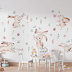 Wall murals Group of rabbits with flowers and butterflies