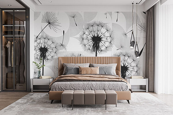 Black dandelion seeds flying in the air Wall murals Black dandelion seeds flying in the air