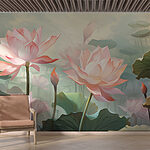 Wall murals Group of pink flowers with green leaves