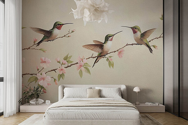 Painting of hummingbirds on a branch with flowers Wall murals Painting of hummingbirds on a branch with flowers
