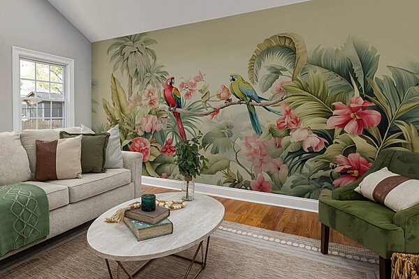 Couple of parrots on a branch with flowers Wall murals Couple of parrots on a branch with flowers