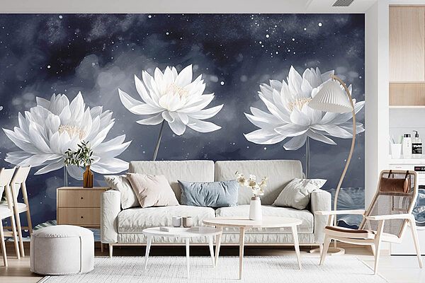 Group of white flowers with green leaves Wall murals Group of white flowers with green leaves