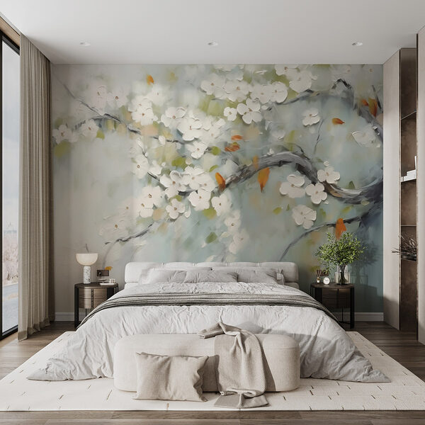 Painting of a tree branch with white flowers Wall murals Painting of a tree branch with white flowers