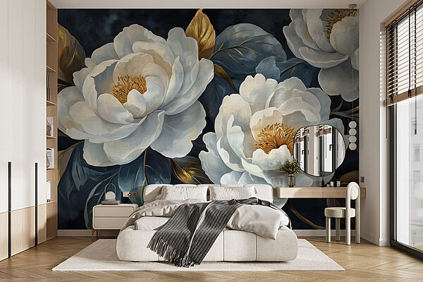 Delicate blooms on a dark backdrop Wall murals Delicate blooms on a dark backdrop