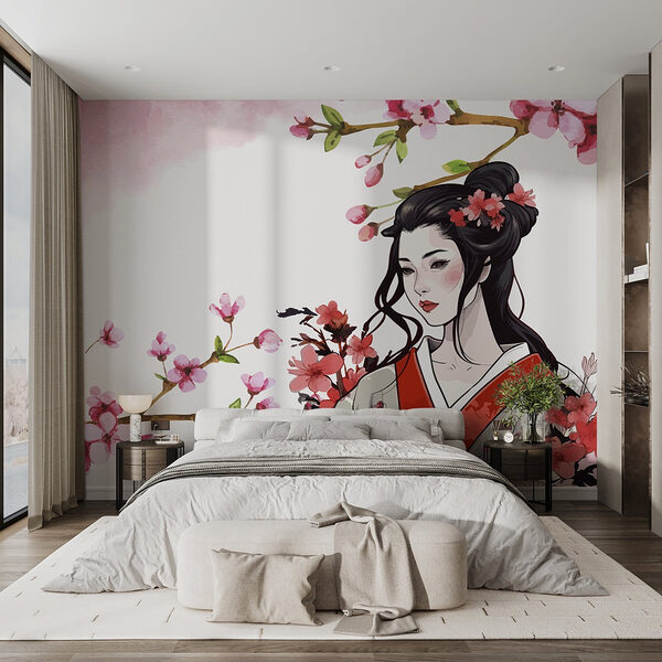 Woman in a kimono with flowers Wall murals Woman in a kimono with flowers