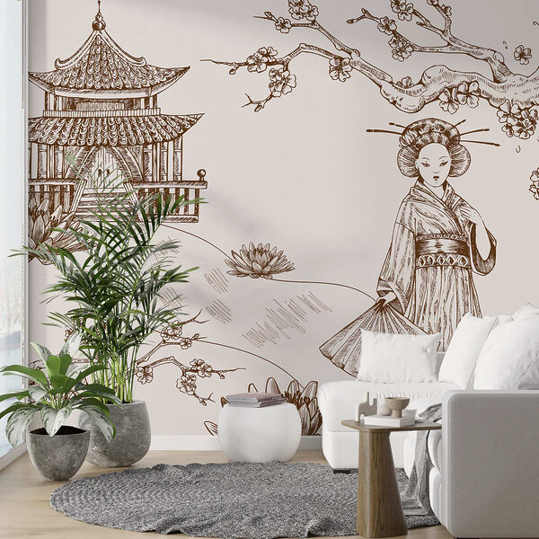 Drawing of a woman in a kimono Wall murals Drawing of a woman in a kimono
