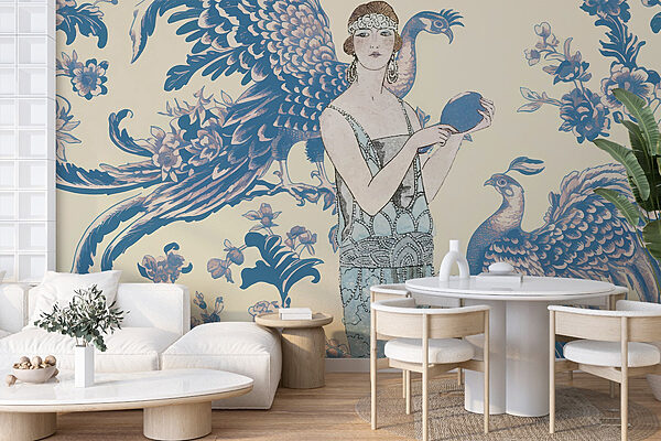 Woman holding a round blue object Wall murals Woman holding a round blue object