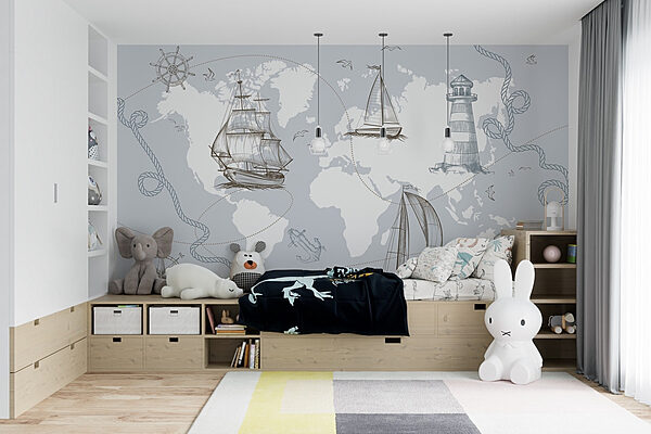 Map of the world with different ships Wall murals Map of the world with different ships