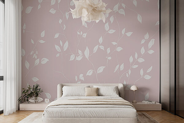 Pattern of white leaves on a pink background Wall murals Pattern of white leaves on a pink background