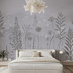 Wall murals Grey and white background with plants and mountains