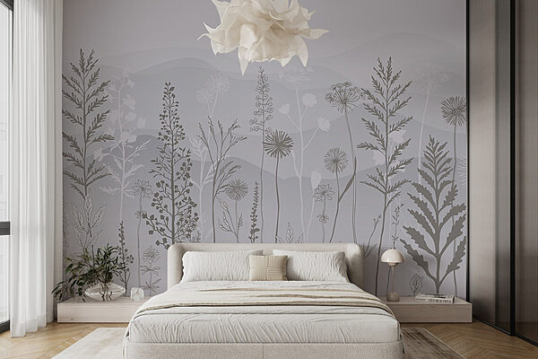 Grey and white background with plants and mountains Wall murals Grey and white background with plants and mountains