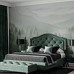 Wall murals Foggy landscape with trees and mountains