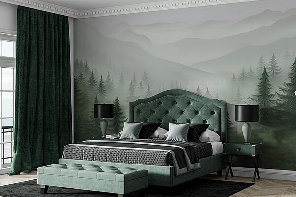 Foggy landscape with trees and mountains Wall murals Foggy landscape with trees and mountains