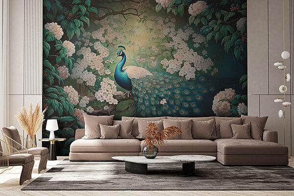 Painting of a peacock on a tree branch Wall murals Painting of a peacock on a tree branch