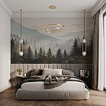 Wall murals Foggy landscape with trees and mountains