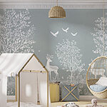 Wall murals White deer and birds in a forest