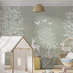 Wall murals White deer and birds in a forest