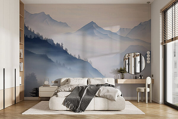 Mountain range with trees and fog Wall murals Mountain range with trees and fog