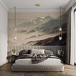 Wall murals Foggy mountains with hills and water