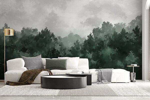 Foggy forest with trees Wall murals Foggy forest with trees