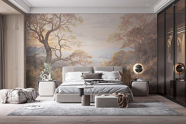 Dirt road with trees and mountains in the background Wall murals Dirt road with trees and mountains in the background