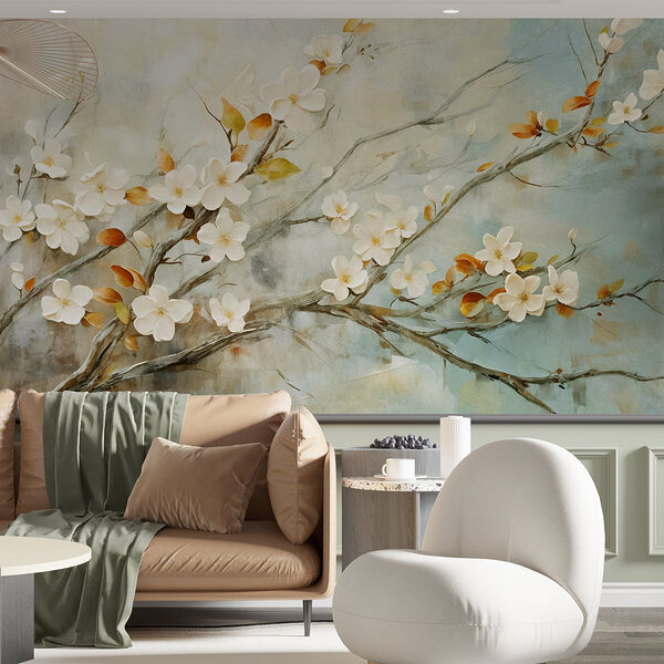 Wall mural Painting of a branch with white flowers