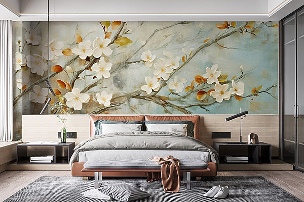 Painting of a branch with white flowers Wall murals Painting of a branch with white flowers